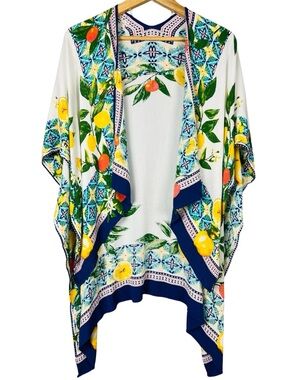Tropical Citrus Lemons Oranges Kimono Style Cover-Up in White, Yellow & Navy